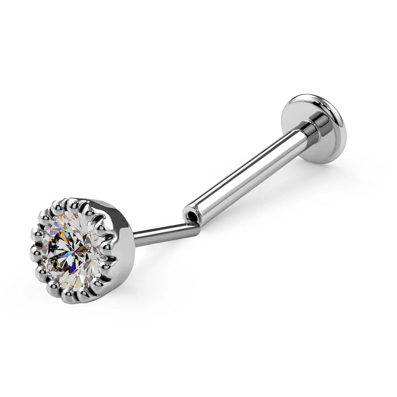 14k white gold 3mm diamond perlage flat back labret stud, angled view showing beaded bezel and post