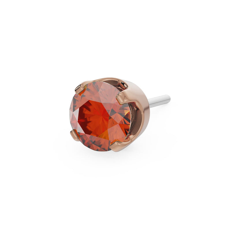 14k rose gold 3mm fire opal solitaire threadless stud end with bright orange-red faceted stone