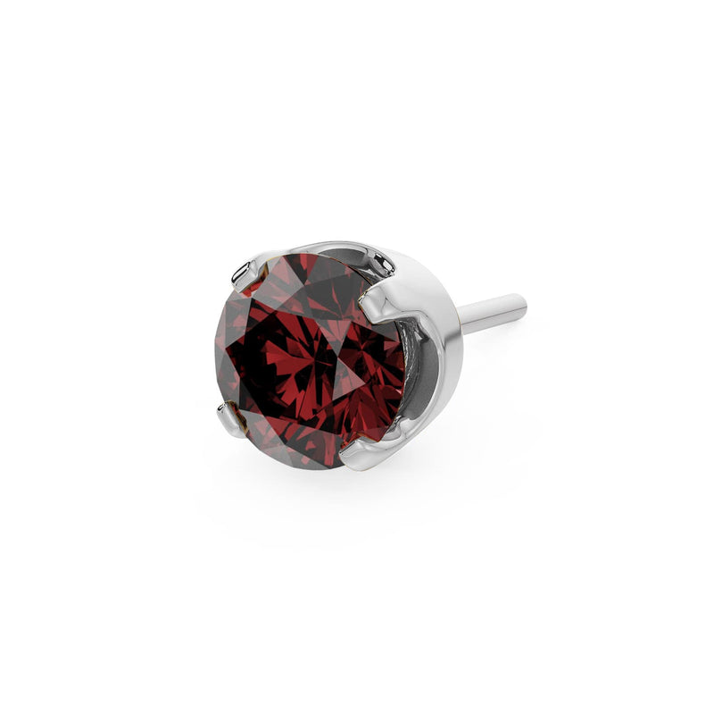 14k white gold 3mm garnet solitaire threadless stud end with deep red faceted stone in four-prong setting