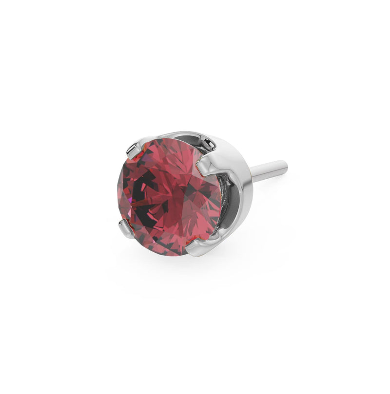 14k white gold 3mm rhodolite solitaire threadless stud end with deep pink-red faceted stone