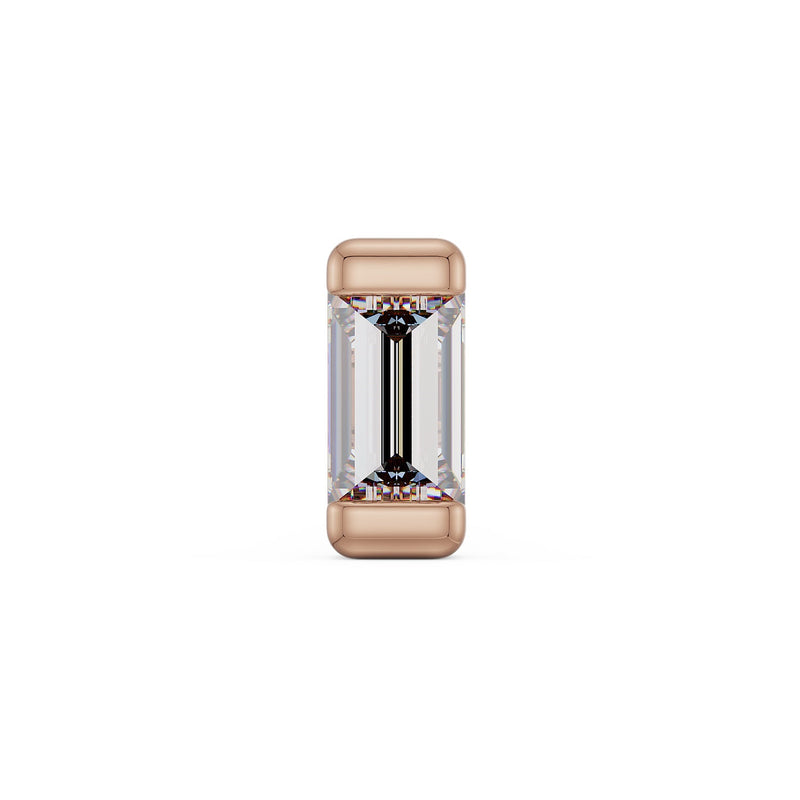 14k rose gold large baguette diamond push pin end, front view showing warm gold bar and step-cut diamond