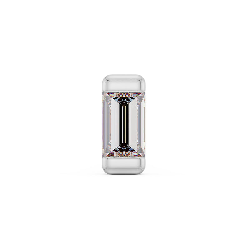 14k white gold large baguette diamond threadless push pin end, front view with bright step-cut diamond
