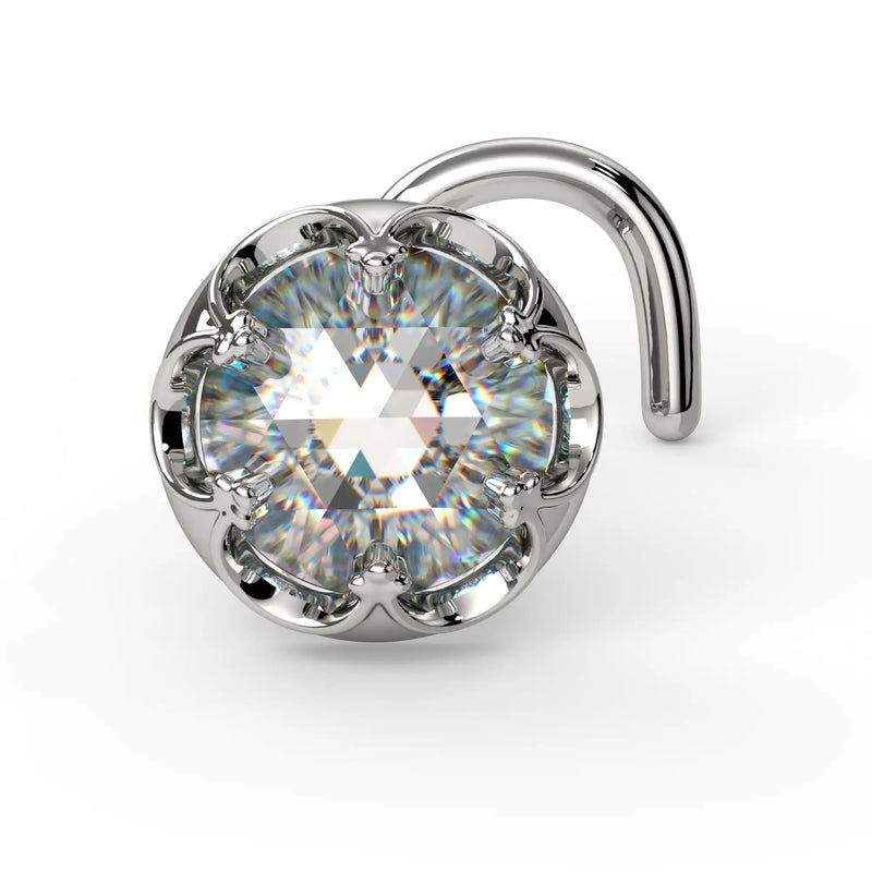 4mm Reina Rose Cut Diamond Nose Ring in 14K White Gold with crown-set Rose Cut Diamond - for nostril piercings