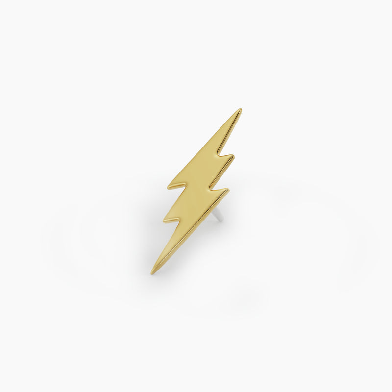 14k yellow gold 8mm lightning bolt pushpin end, slightly elevated angle revealing stainless steel pin