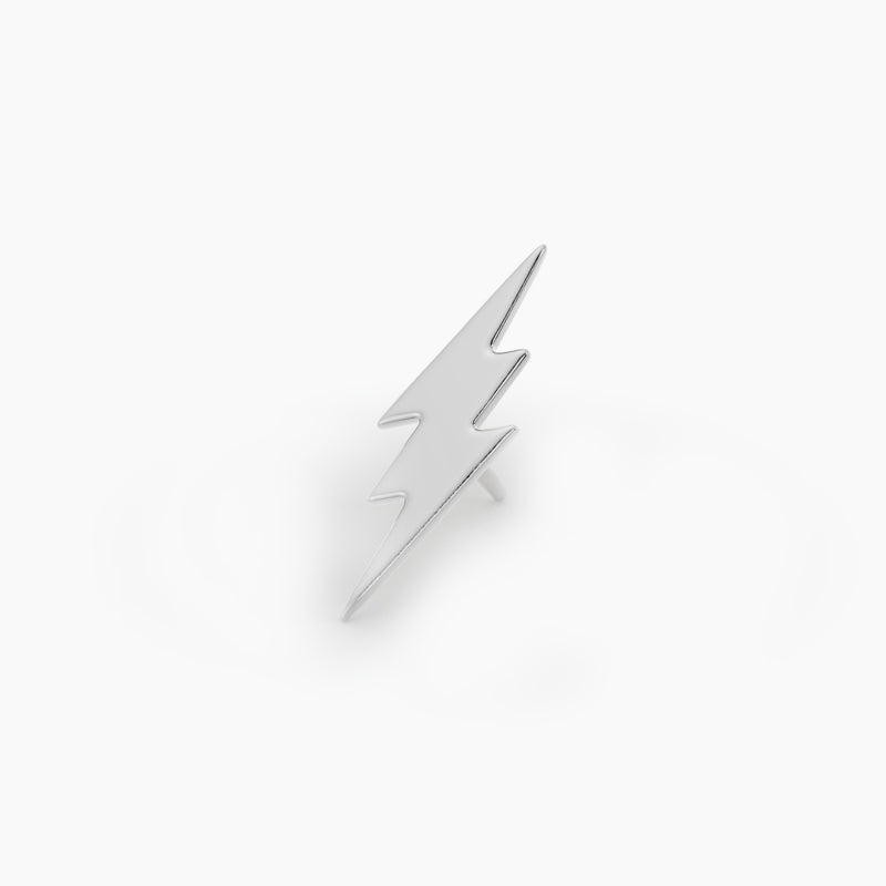 14k white gold 8mm lightning bolt pushpin end, angled view highlighting polished silver tone finish