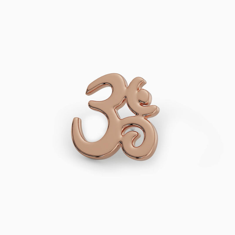 14k rose gold Om symbol threadless stud end, front view showing warm-toned polished charm