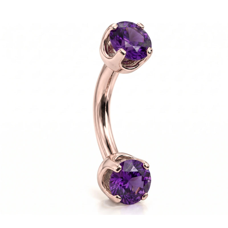 14k rose gold curved barbell with two 4mm round amethyst gems, angled view