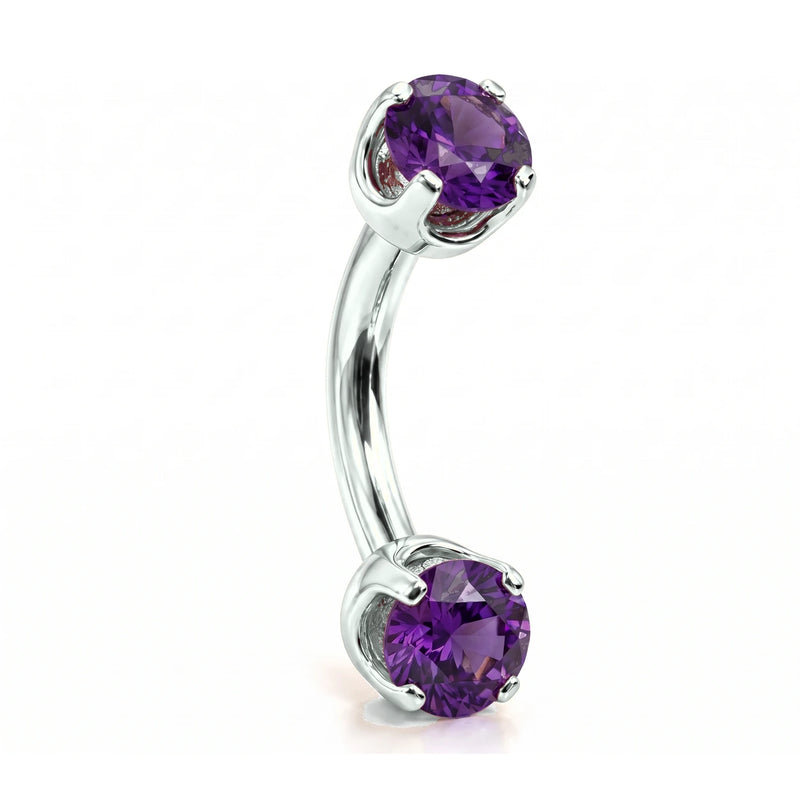 14k white gold curved barbell with two 4mm round amethyst gems, angled view