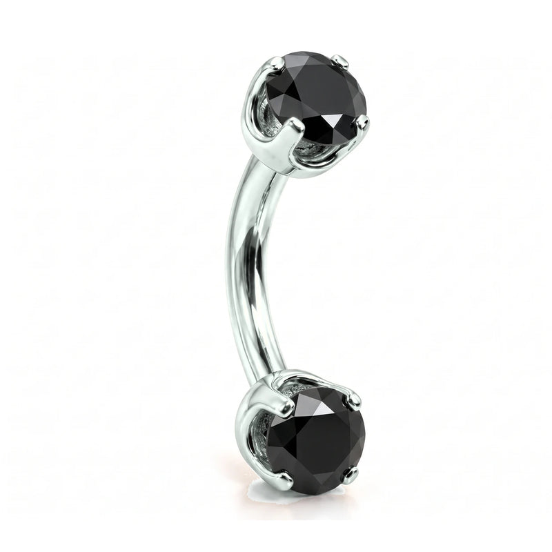 14k white gold curved barbell with two 4mm round black diamonds, angled view
