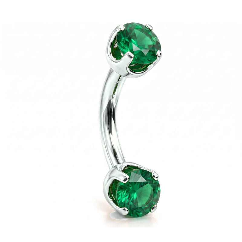14k white gold curved barbell with two 4mm round emeralds, angled view