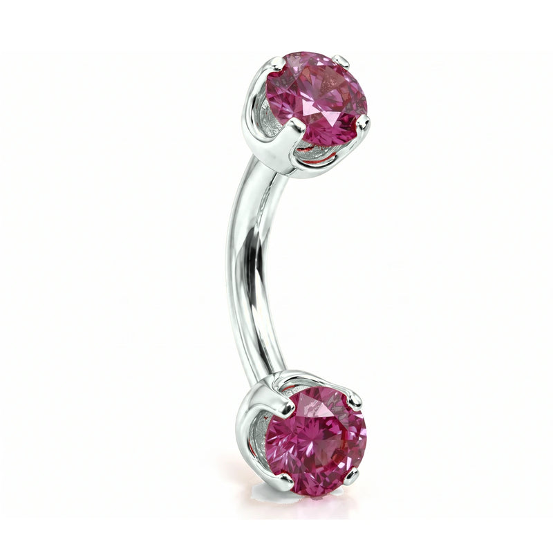 4mm pink sapphire prong-set curved barbell in 14k white gold, 16 gauge, angled view