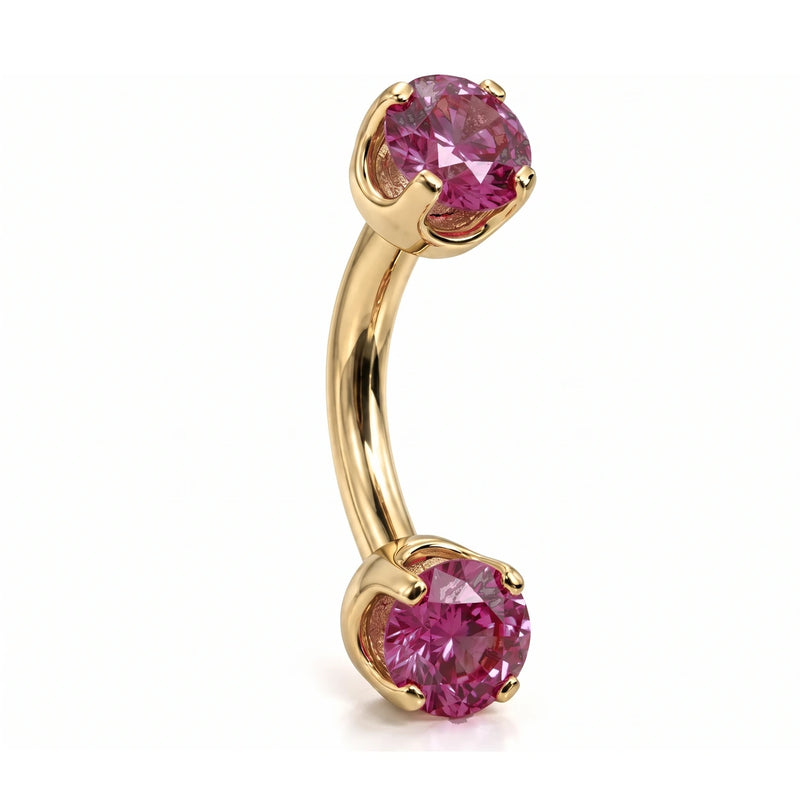 4mm pink sapphire prong-set curved barbell in 14k yellow gold, 16 gauge, angled view