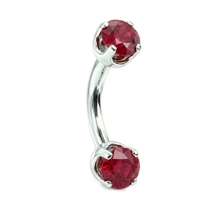 14k white gold curved barbell with two 4mm round rubies, angled view