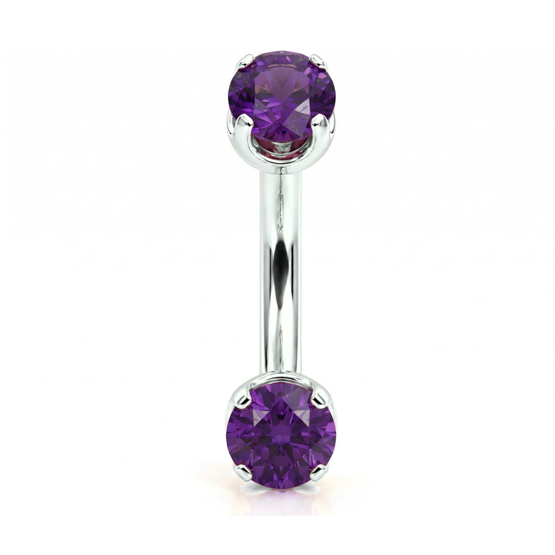 14k white gold curved barbell with two 4mm round amethyst gems, front view