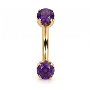 14k yellow gold curved barbell with two 4mm round amethyst gems, front view