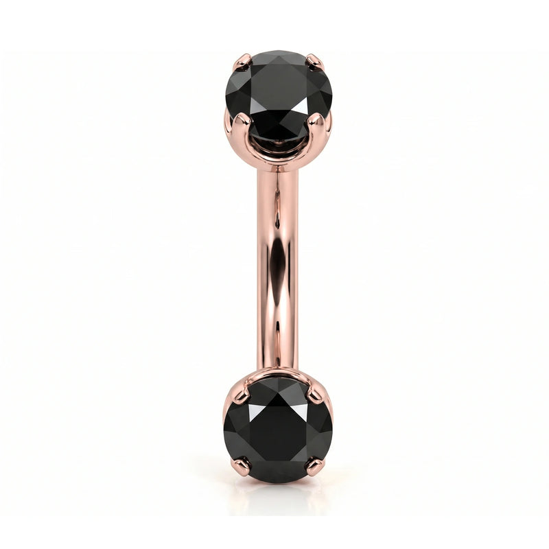 14k rose gold curved barbell with two 4mm round black diamonds, front view