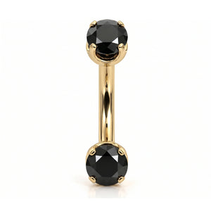 14k yellow gold curved barbell with two 4mm round black diamonds, front view