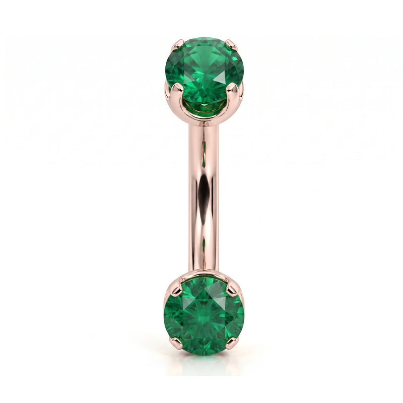 14k rose gold curved barbell with two 4mm round emeralds, front view