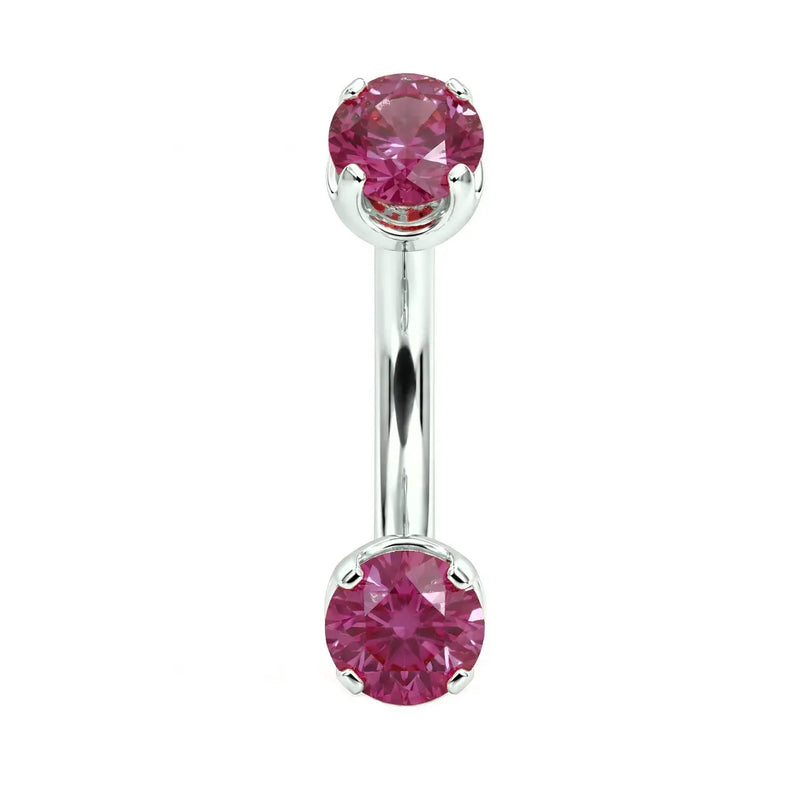 4mm pink sapphire prong-set curved barbell in 14k white gold, 16 gauge, front view