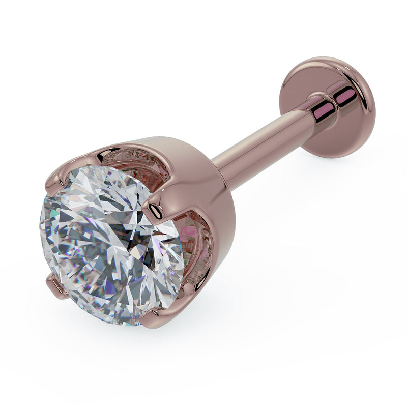 14k rose gold 4mm diamond high-set prong flat back labret stud, angled front view