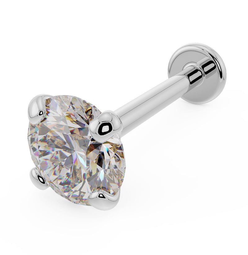 14k white gold 4mm diamond flat back labret with four-prong setting, angled front view