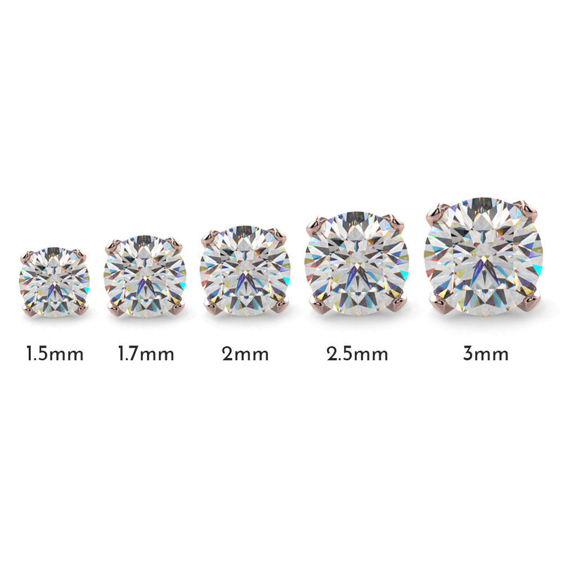 VS1 diamond nose stud size chart showing 1.5mm to 3mm round prong-set diamonds in rose gold overhead view