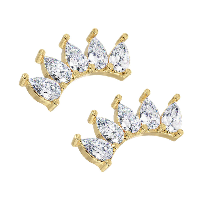 Pair of 14k yellow gold white sapphire pear crescent climber earrings shown as a set