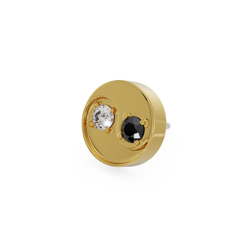 14k yellow gold yin yang threadless stud end with black and white diamond prong set, angled view