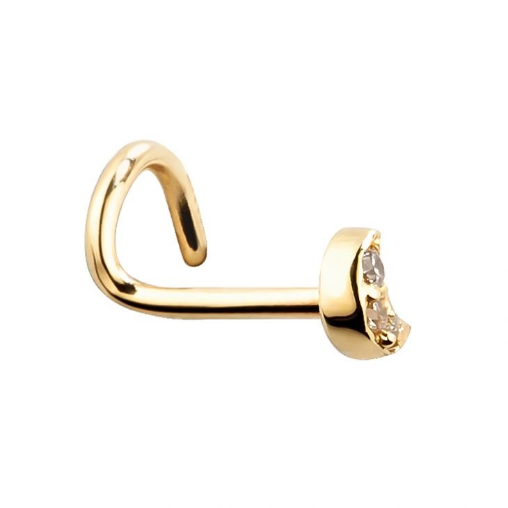 Side profile of 14k gold diamond moon nose ring screw showing screw post and crescent charm detail