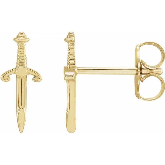14K yellow gold dagger stud earrings shown as a pair with post backs, angled side view
