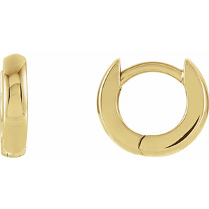 14k yellow gold 9.5mm huggie hoop earrings, front and side view showing hinged closure