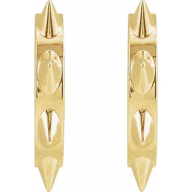 14k yellow gold spike huggie hoops pair, close-up showing angular spike detail along hoop edge