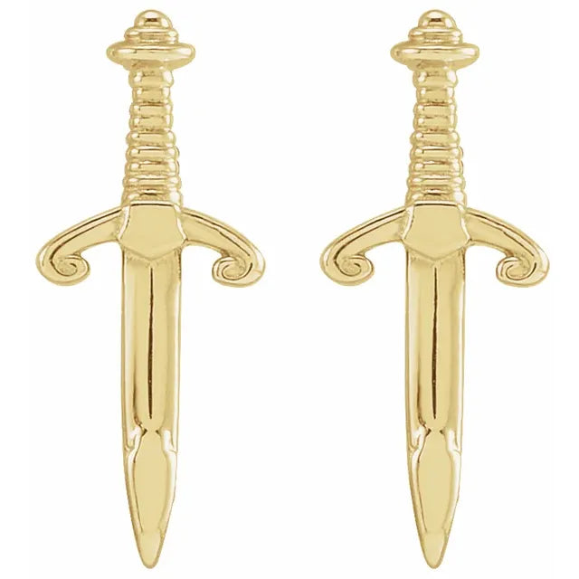 14K yellow gold dagger earrings, front view showing scrolled crossguard and ridged grip detail