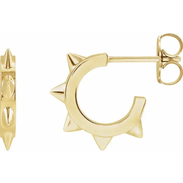 14k yellow gold spike huggie hoop earrings shown from front and side profile view