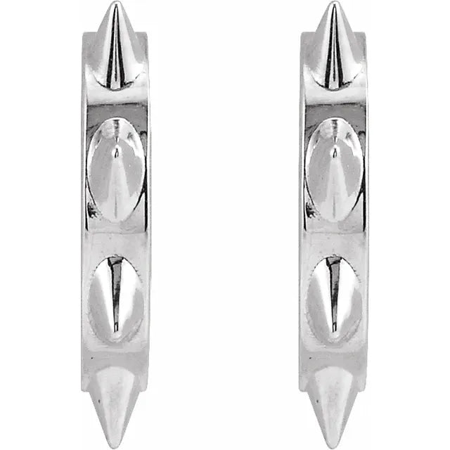 14k white gold spike huggie hoops pair, close-up showing angular spike texture along hoop edge