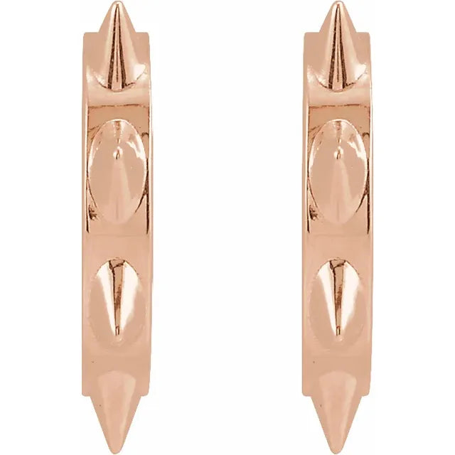 14k rose gold spike huggie hoops pair, close-up highlighting warm-toned angular spike detail