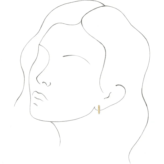 14k yellow gold spike huggie hoop earring on illustrated ear model showing fit and size