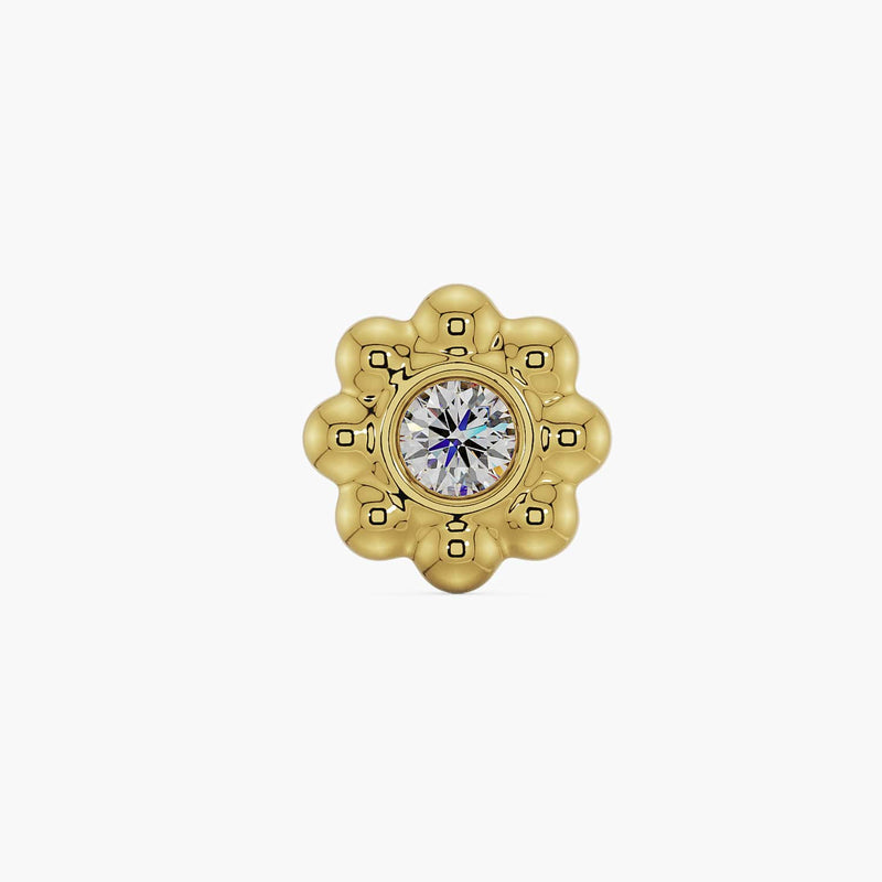 14k yellow gold diamond blossom piercing stud end, straight-on front view with bezel-set diamond