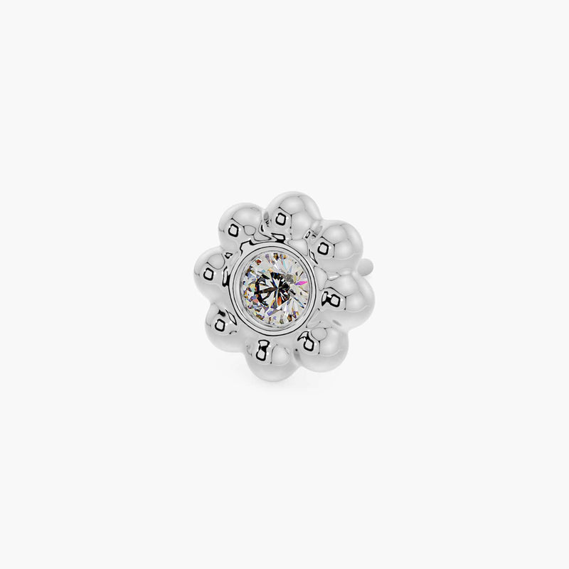 14k white gold diamond blossom threadless stud end, angled view showing bezel-set diamond center