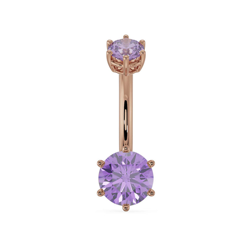 14k rose gold navel ring with dual amethyst gems in six-prong settings, front view