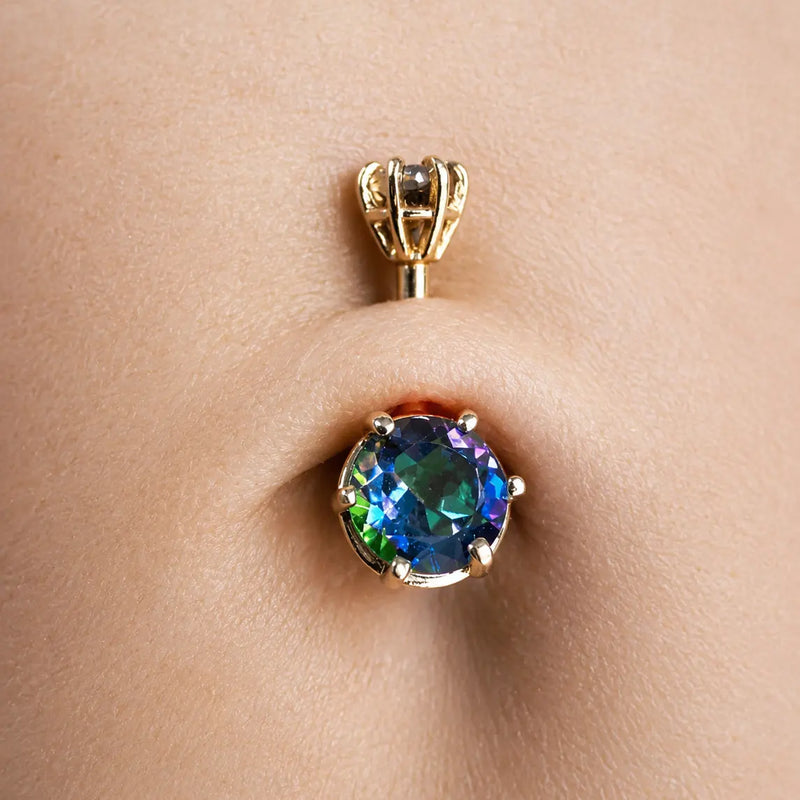 Mystic topaz Astra II belly ring shown in pierced navel, displaying 8mm gem fit and placement