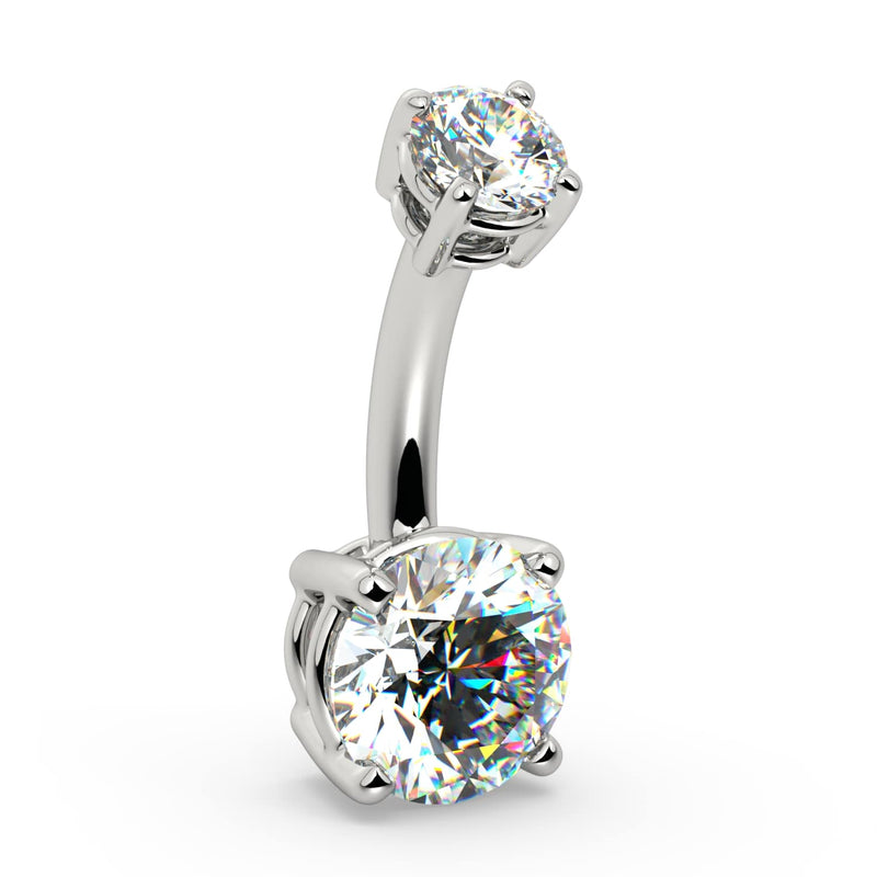 14k white gold diamond belly ring, angled view showing prong settings and brilliant-cut diamond sparkle