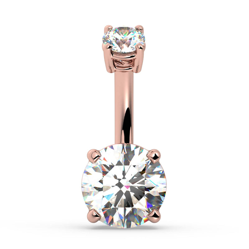 14k rose gold diamond belly ring with 7mm round brilliant bottom stone, front view