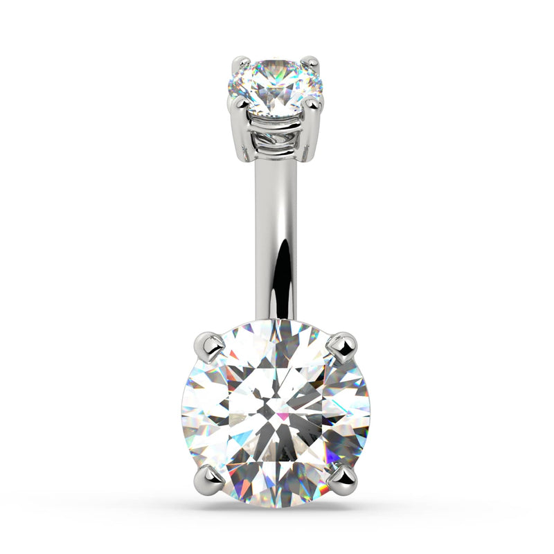 14k white gold diamond belly ring with 7mm round brilliant diamond, front view