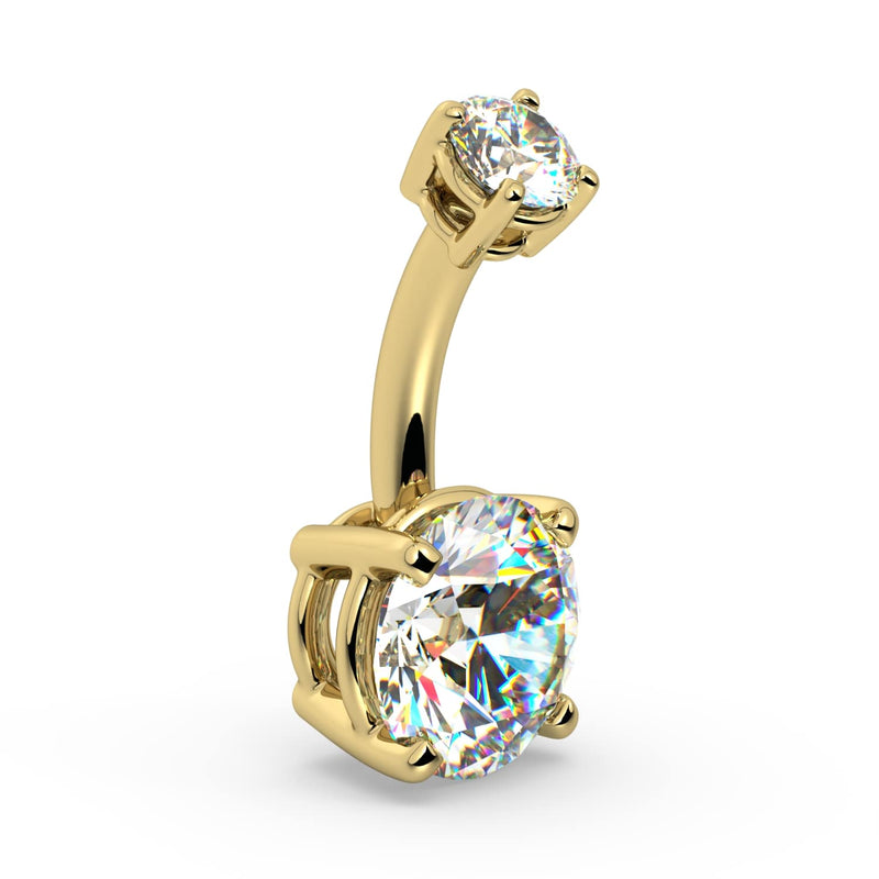 14k yellow gold diamond belly ring with round brilliant stones, angled side view