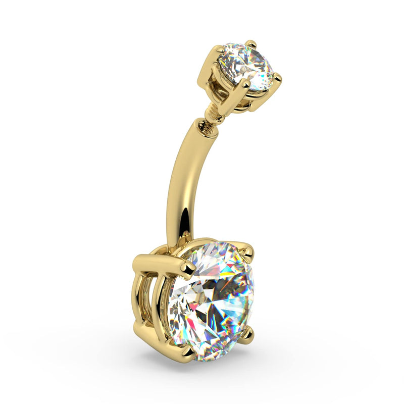 Side profile of 14k yellow gold diamond belly ring showing curved barbell and prong settings