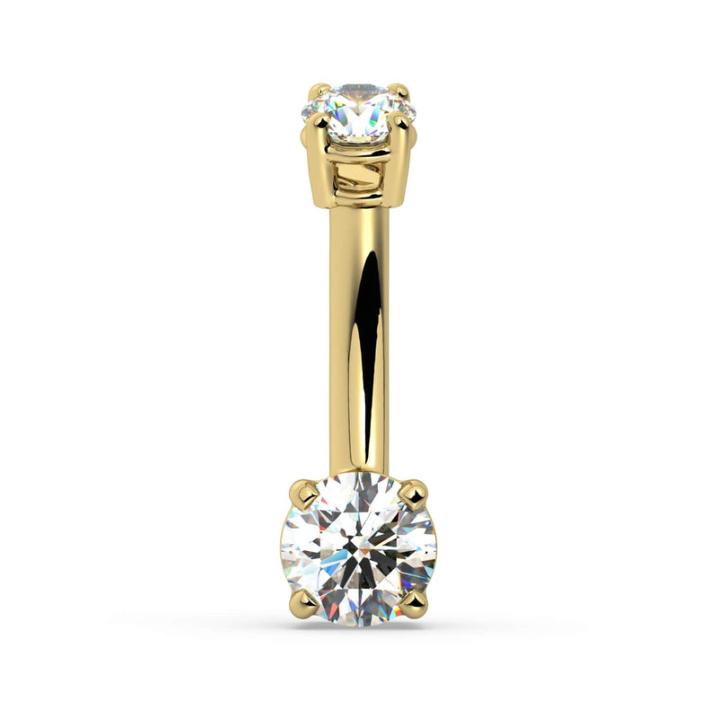14k yellow gold diamond navel ring with dual round diamonds in prong settings, front view