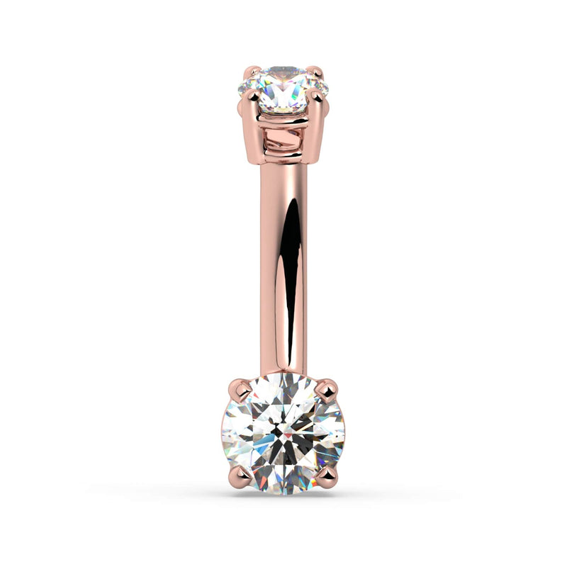 14k rose gold diamond navel ring with 3mm top and 4mm bottom round diamonds, front view