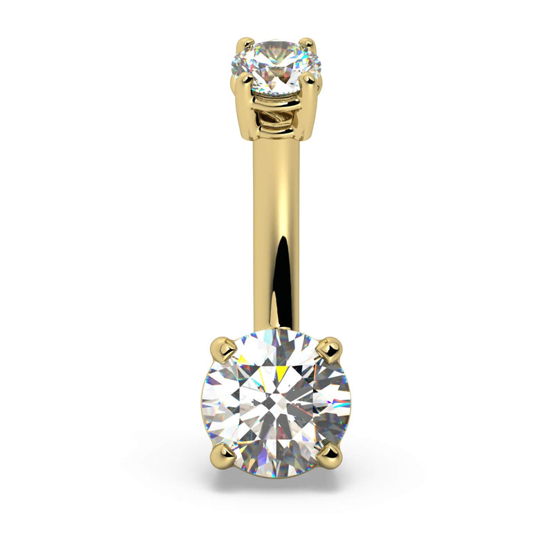 14k yellow gold diamond belly ring with 5mm bottom diamond and 3mm top stone, front view