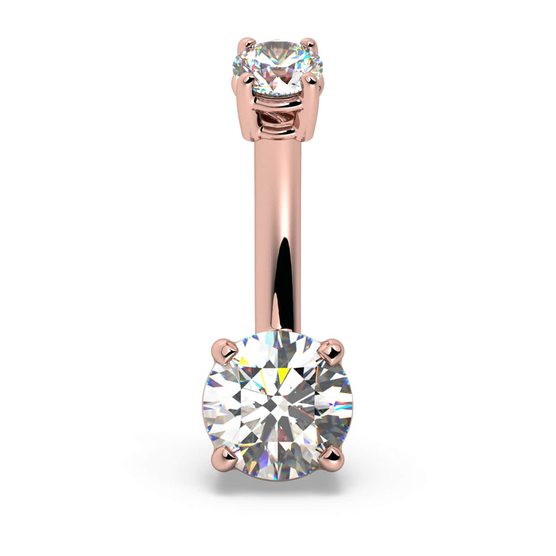 14k rose gold diamond belly ring with round prong-set diamonds, front view showing warm gold tone